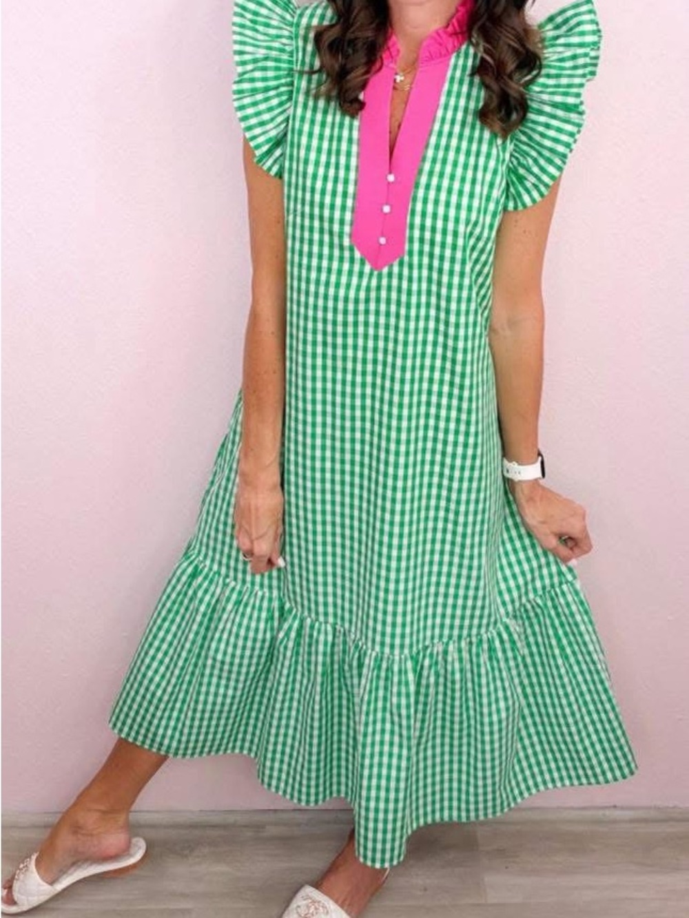 Green Gingham Midi Dress with Pink Trim